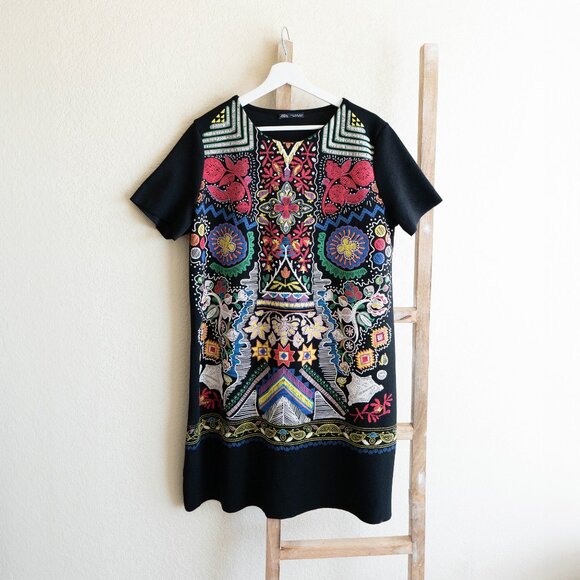 ZARA TEXTURED DRESS BOHO ETHNIC BLACK MULTICOLOR SHORT SLEEVE SZ XL - Picture 1 of 6